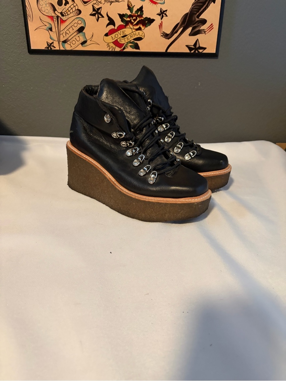 Jeffrey Campbell Black Leather Platform Wedge Hiking Boots